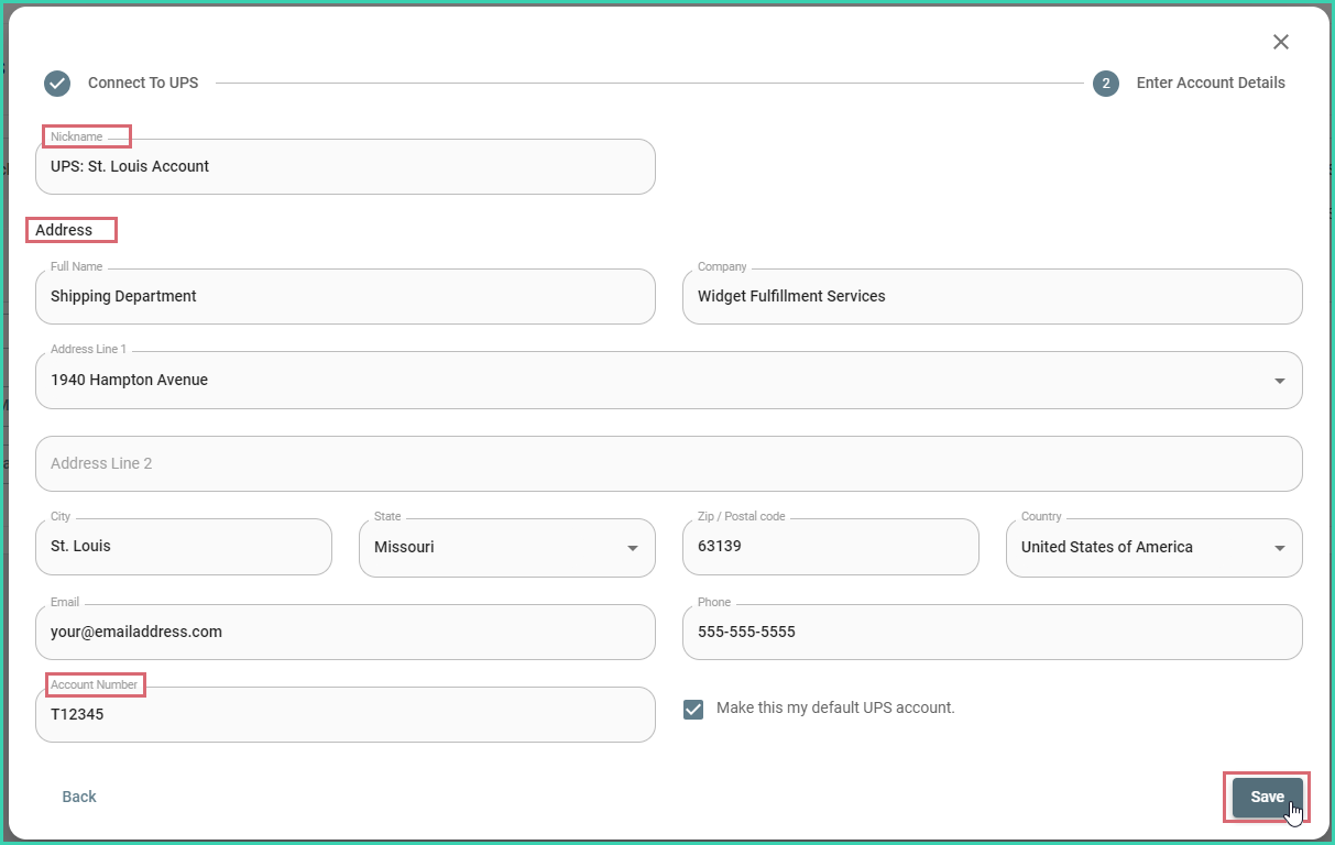 UPS account setup form with nickname, address, and account number fields