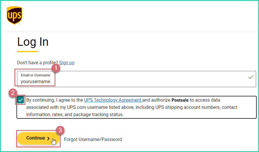 UPS login page with email field and Technology Agreement checkbox