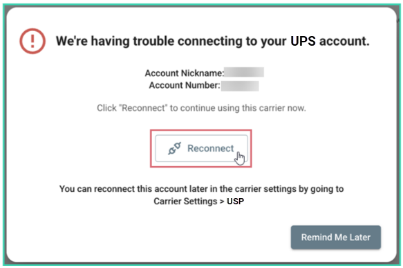 Postsale prompt to reconnect your UPS account with the Reconnect button