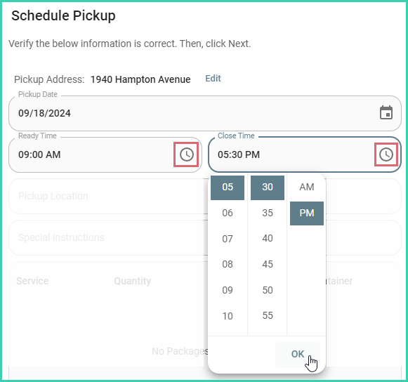 The ready time and close time are being entered.