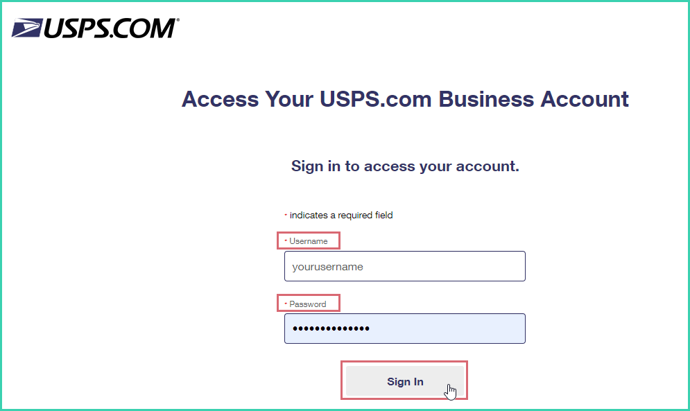 The sign in screen for USPS.com is shown. The username and password are entered and the sign in button is being clicked.