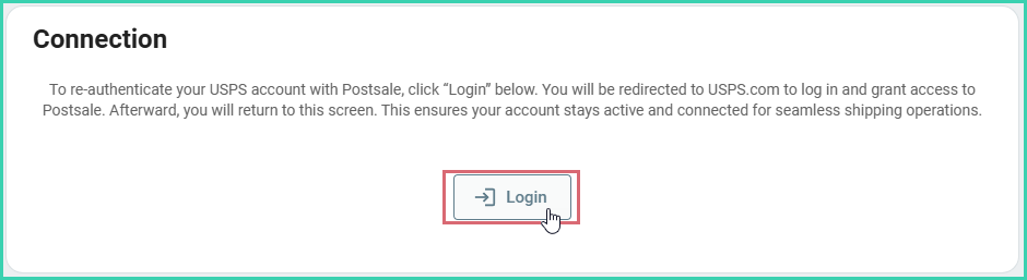 Connection section of USPS settings with the Login button highlighted