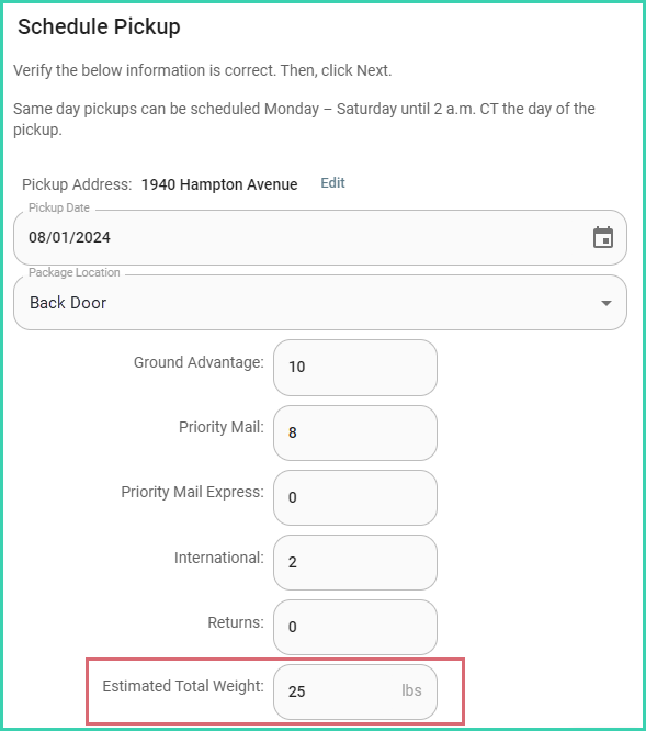 The estimated weight is entered.