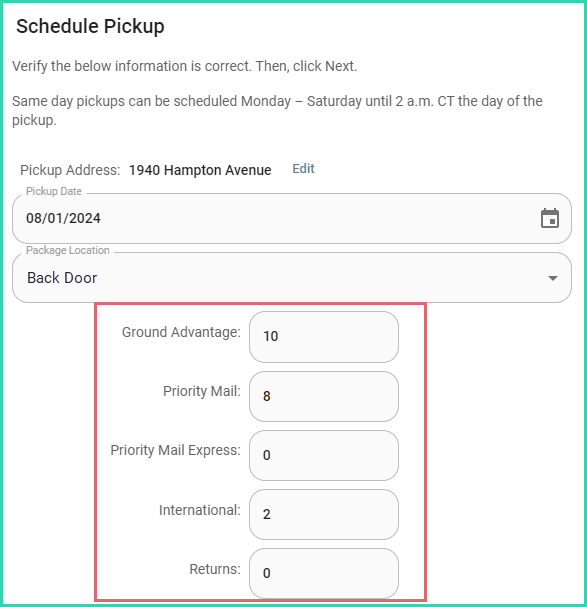 The number of packages for each package type has been entered.