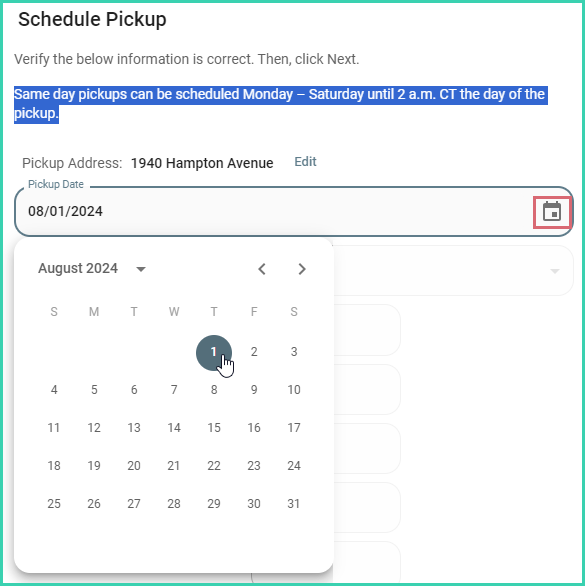 The pickup date is being selected from the calendar.