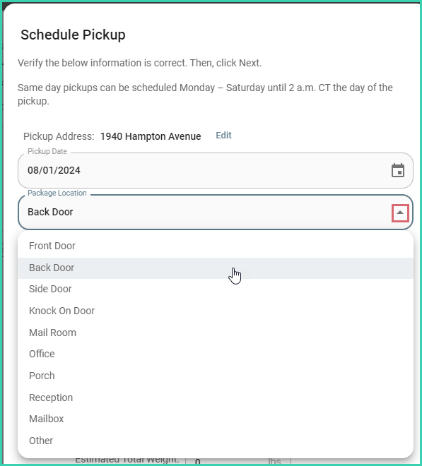 Package Location drop-down with options for USPS pickup