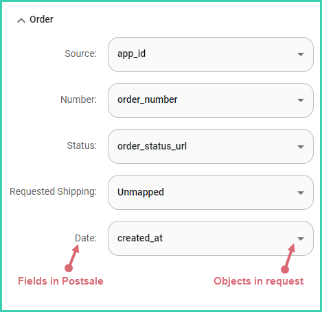 The Postsale fields and webhook objects are shown in the mapping screen.