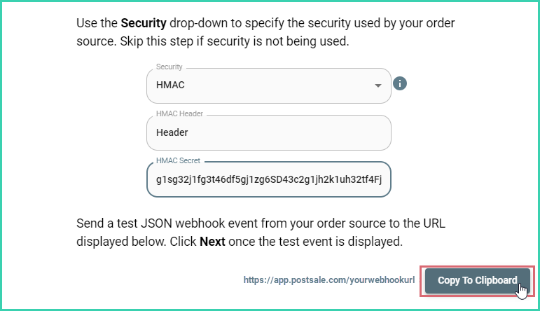 Copy to Clipboard button next to the webhook URL