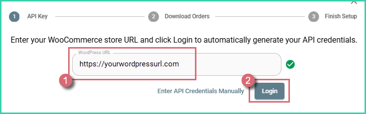 WordPress URL field and Login button in the WooCommerce setup