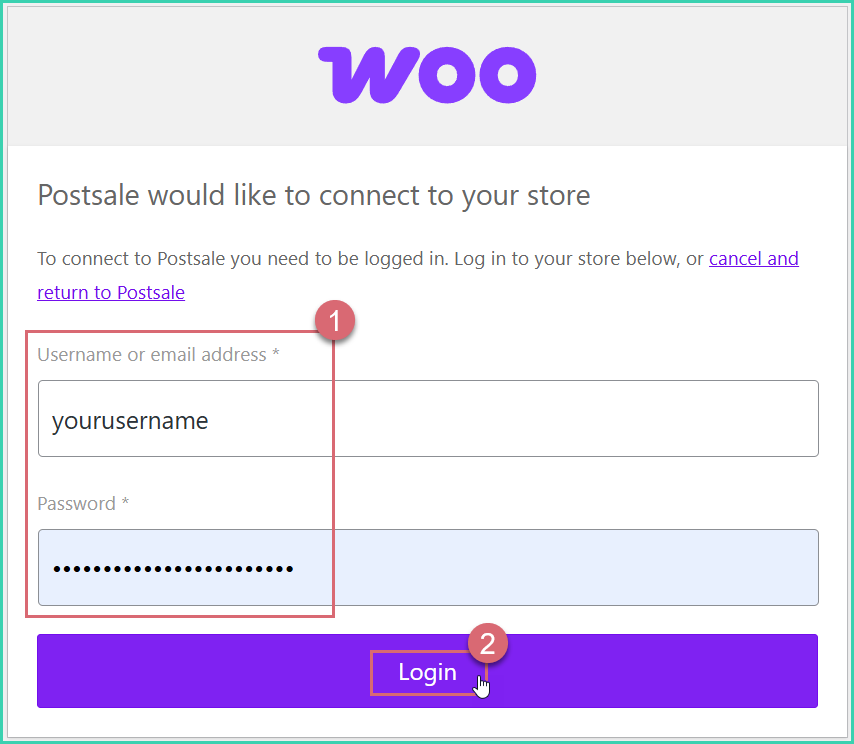 The Woo login screen is opened and the username and password are entered. The Log In button is being clicked.