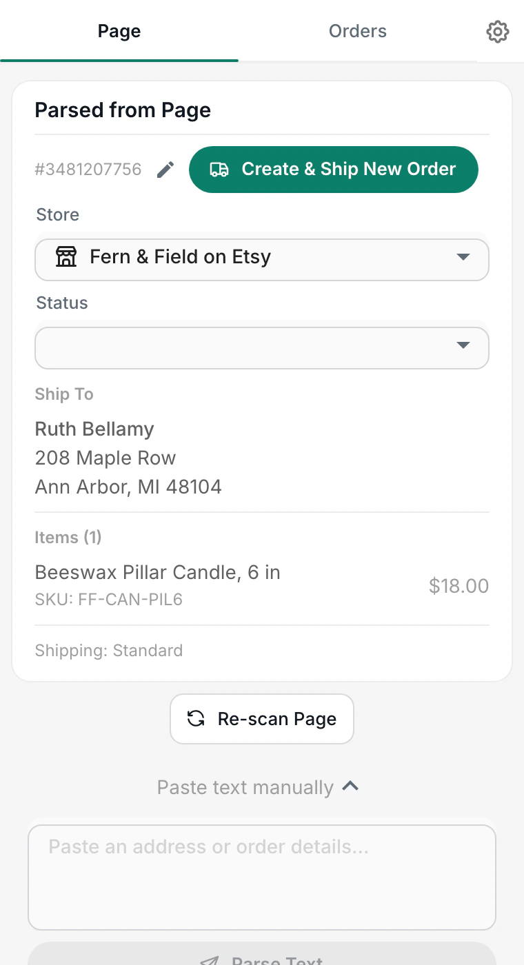 The Postsale Anywhere side panel with the order it read from the page: #3481207756, ship to Ruth Bellamy, 208 Maple Row, Ann Arbor, MI 48104, 1 Beeswax Pillar Candle, 6 in at $18.00, and a Create & Ship New Order button