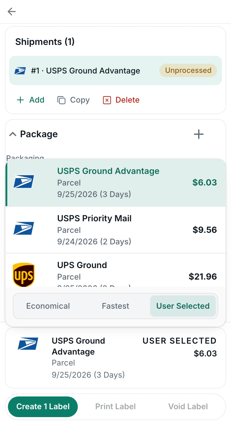 Rates for the order side by side in Postsale Anywhere: USPS Ground Advantage $6.03, USPS Priority Mail $9.56, UPS Ground $21.96, FedEx Home Delivery $23.97