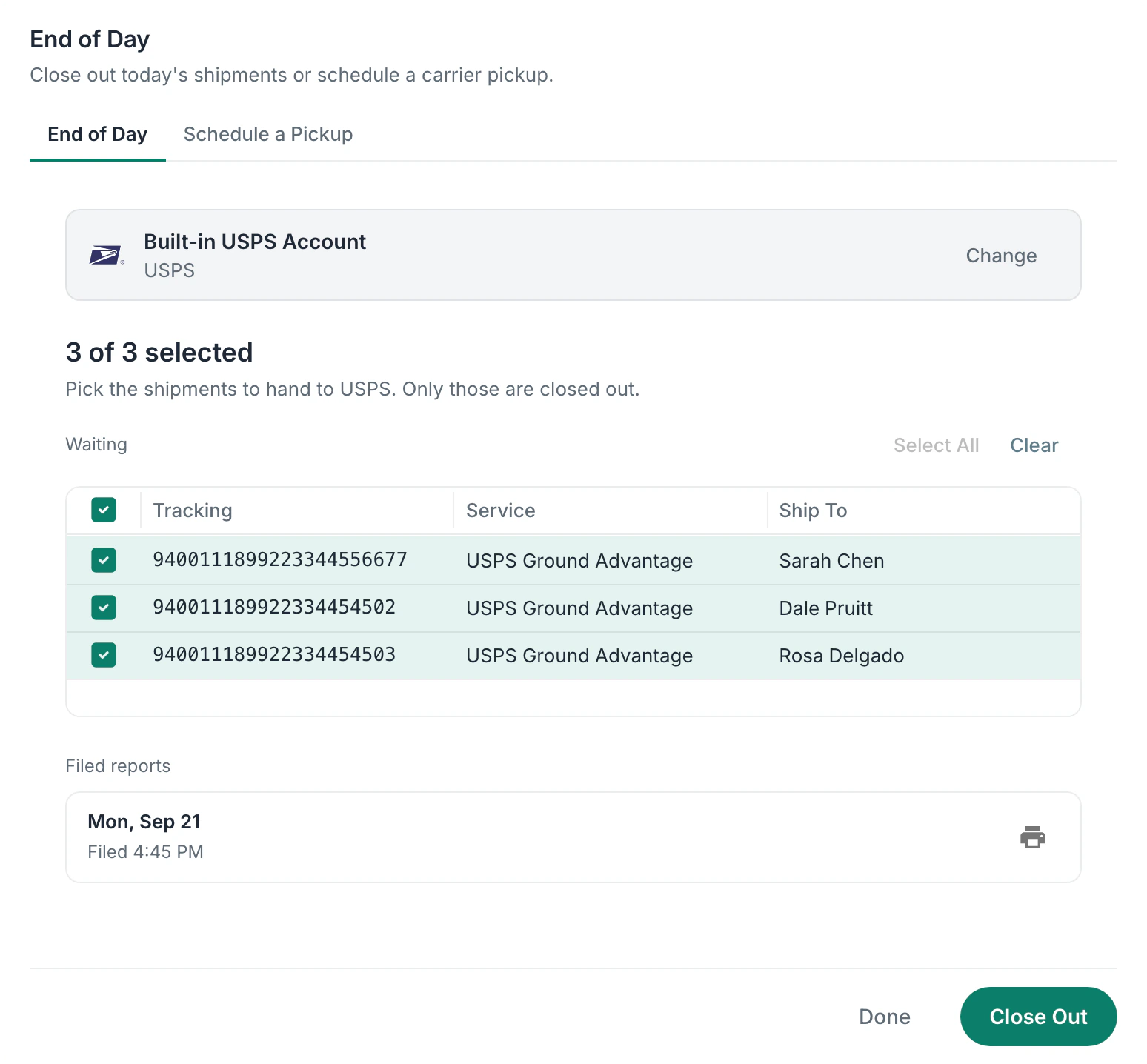 End of Day for the built-in USPS account: 3 of 3 USPS Ground Advantage shipments selected for the SCAN form, Monday’s filed report below and Close Out