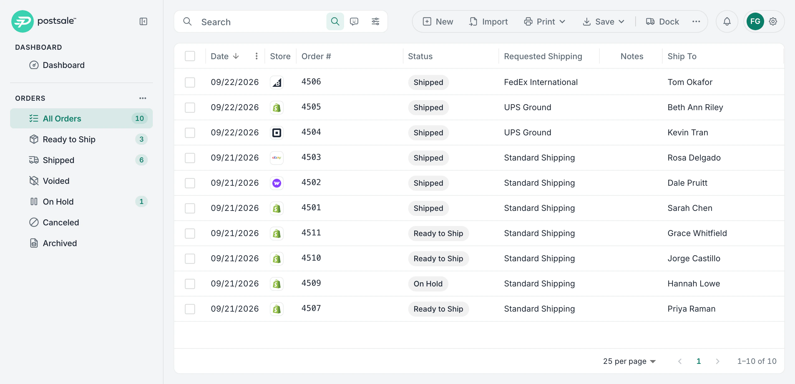 The orders grid with #4501 to #4511 from five stores, statuses Shipped, Ready to Ship and On Hold, and the views every new account starts with in the sidebar: All Orders 10, Ready to Ship 3, Shipped 6, Voided, On Hold 1, Canceled and Archived