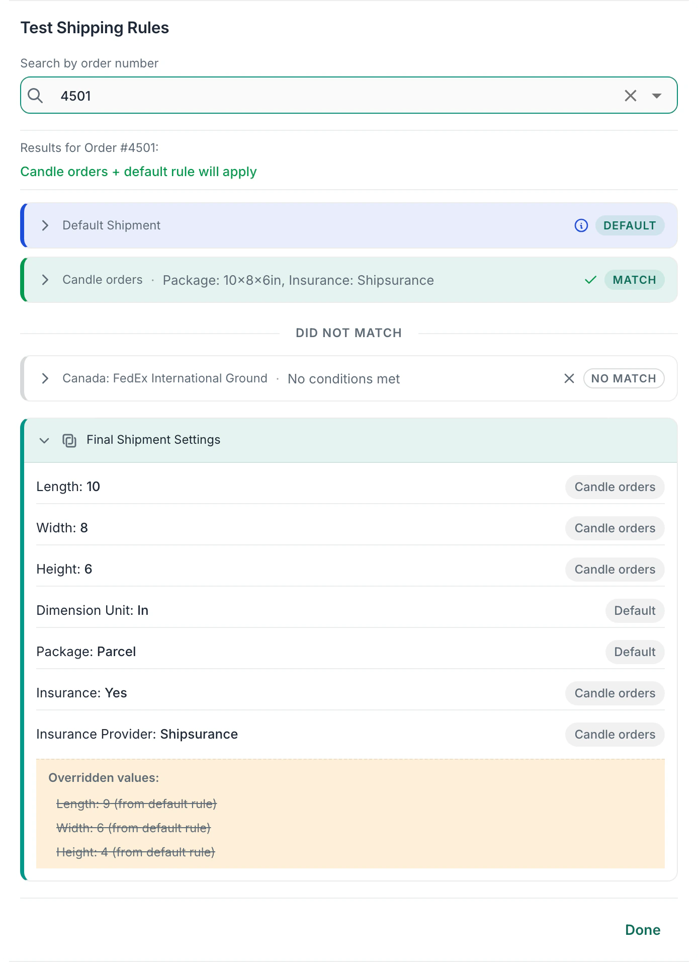 Test Shipping Rules run on order #4501: the Candle orders rule matches and the default rule applies, the Canada rule does not match and Final Shipment Settings shows the 10 by 8 by 6 box and Shipsurance set by the rule, with the default 9 by 6 by 4 box overridden