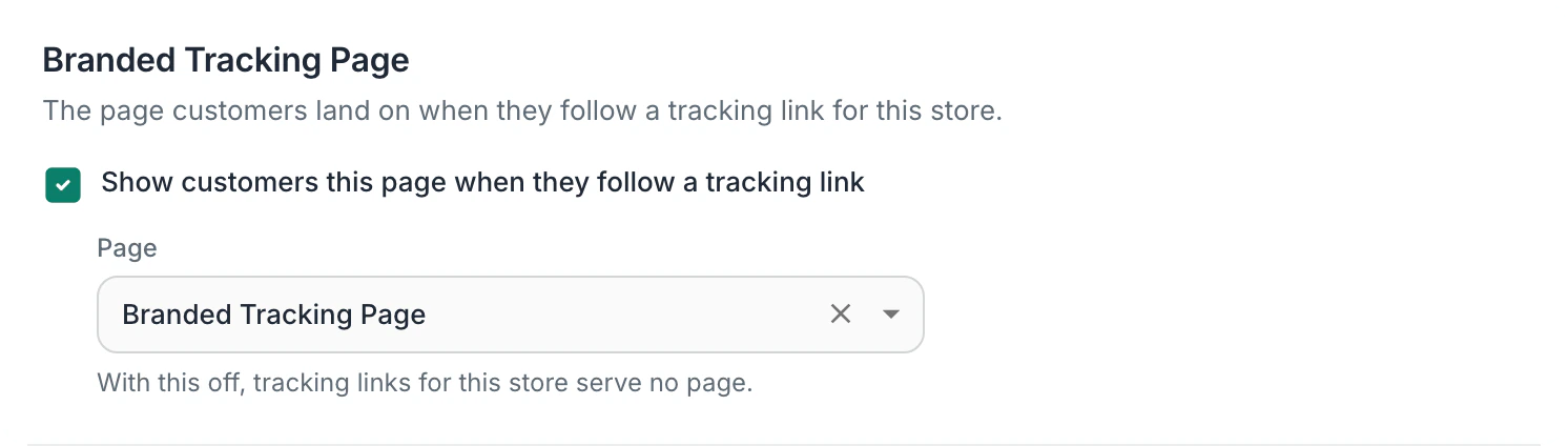 Store settings for Fern & Field Goods: Branded Tracking Page on, showing customers the Branded Tracking Page when they follow a tracking link