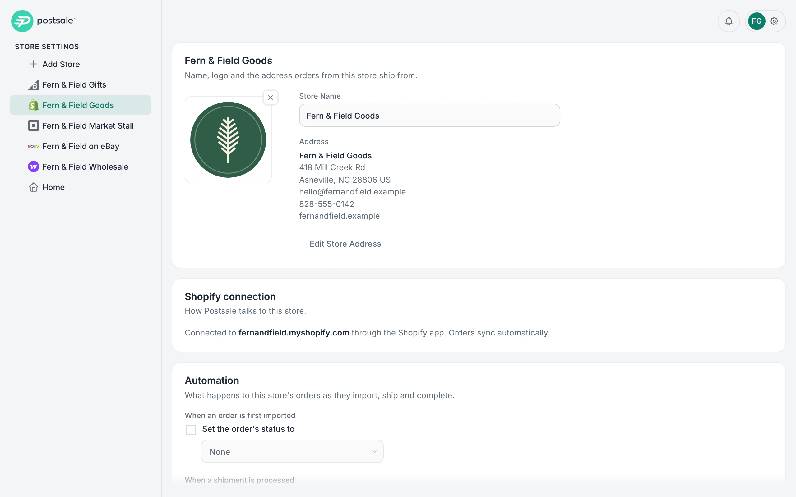 Store settings for Fern & Field Goods, connected to Shopify, with the other connected stores in the sidebar: Fern & Field Gifts on BigCommerce, Fern & Field Market Stall on Square, Fern & Field on eBay and Fern & Field Wholesale on WooCommerce