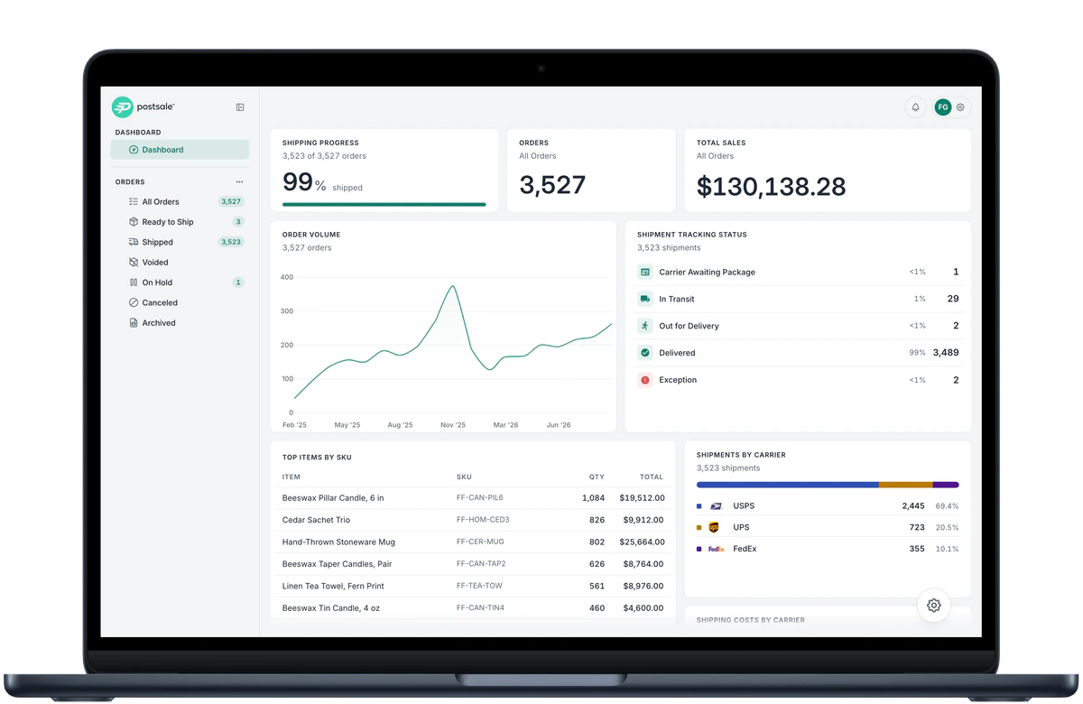 Sample store dashboard on a MacBook Air, arranged by the owner: shipping progress, orders and total sales, order volume by month, tracking status, top items by SKU and shipments and costs by carrier, with the default views in the sidebar