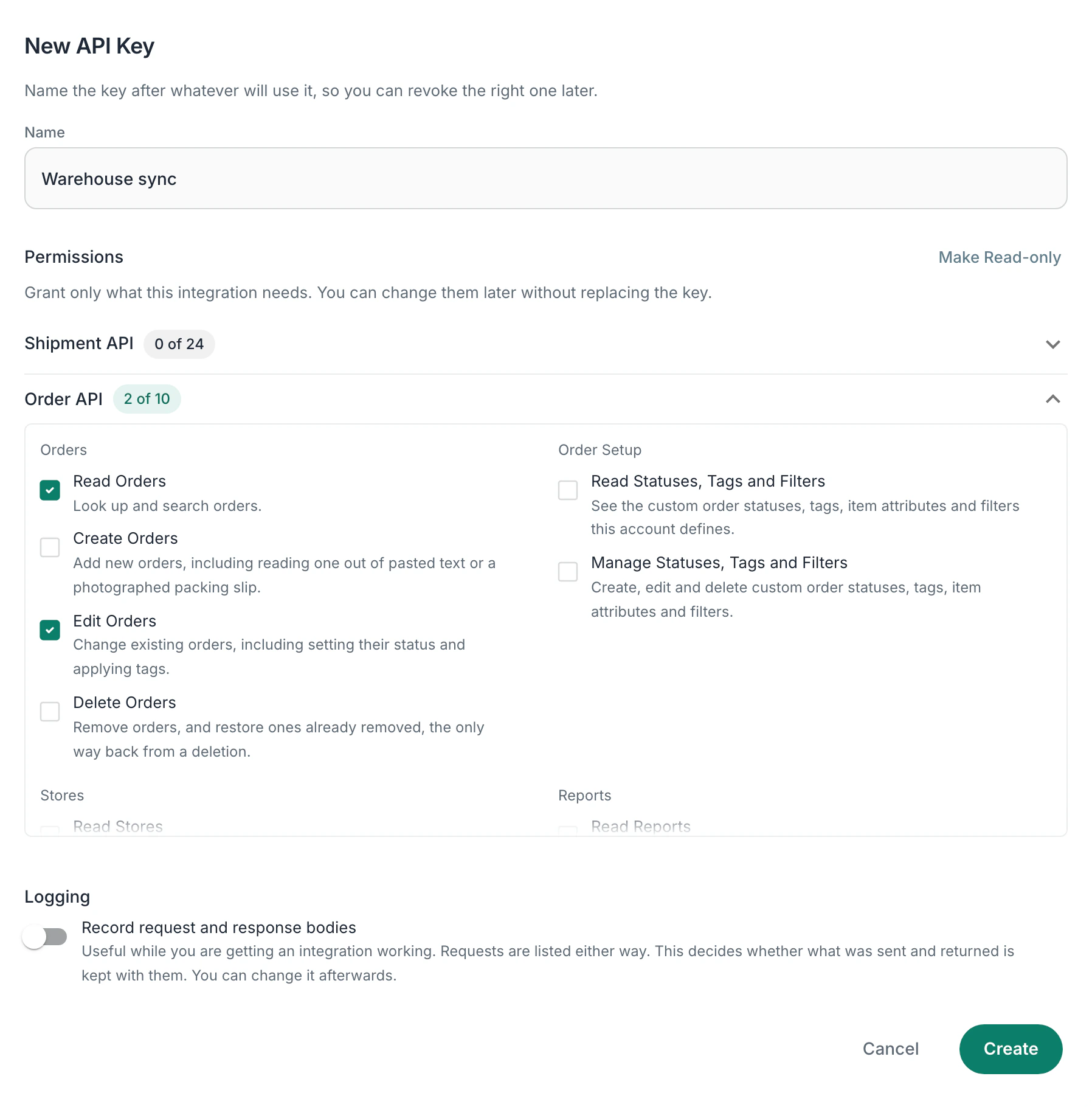 New API Key: the name Warehouse sync, Permissions with the Order API group open and Read Orders and Edit Orders ticked, the Shipment API group closed, Logging off, Cancel and Create