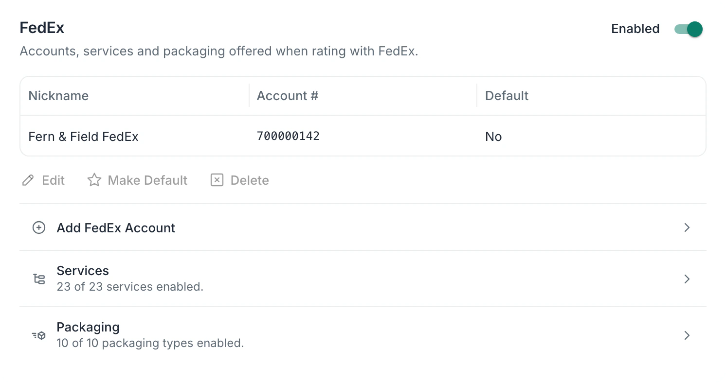 Carrier settings for FedEx: the connected account Fern & Field FedEx, and Add FedEx Account, with 23 of 23 services and 10 of 10 packaging types enabled