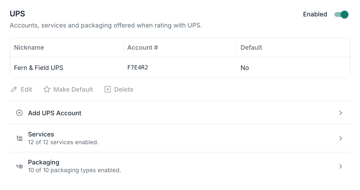 Carrier settings for UPS: the connected account Fern & Field UPS, and Add UPS Account, with 12 of 12 services and 10 of 10 packaging types enabled