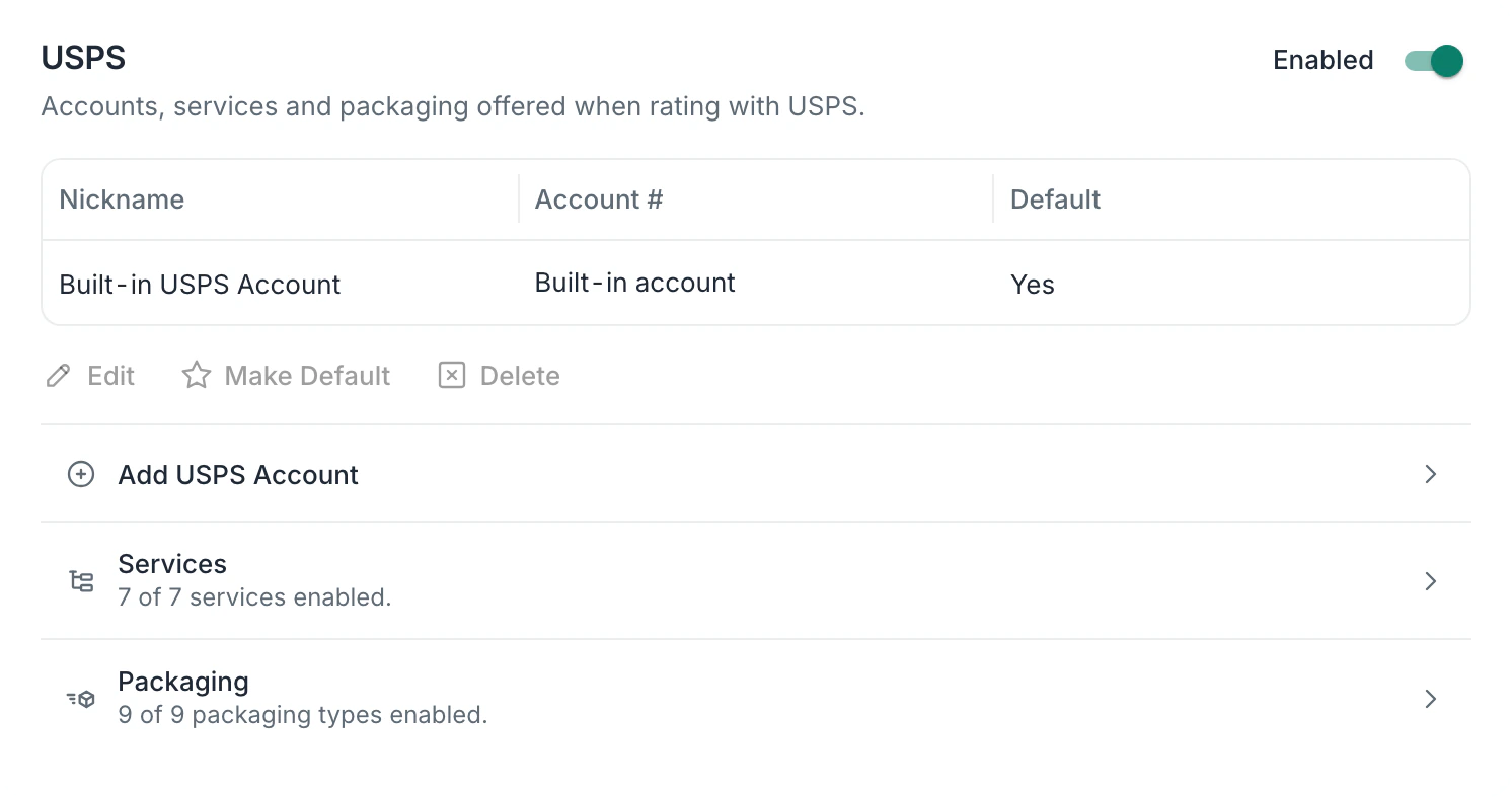 Carrier settings for USPS: the Built-in USPS Account, the default, and Add USPS Account to connect your own, with 7 of 7 services and 9 of 9 packaging types enabled