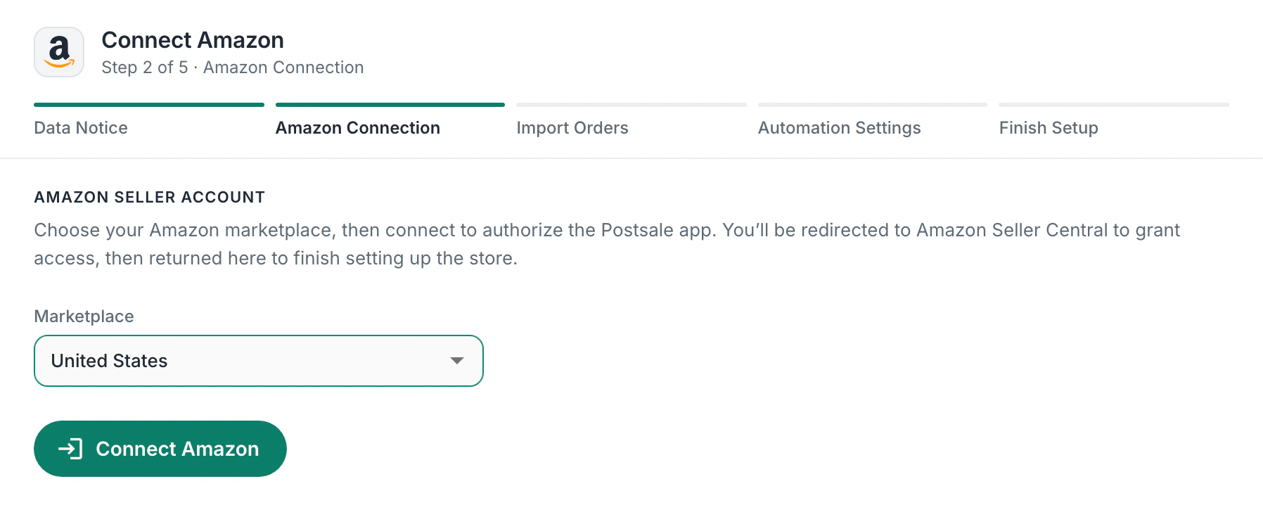Connect Amazon, step 2 of 5: choose your Amazon marketplace, United States, then Connect Amazon to approve Postsale in Amazon Seller Central