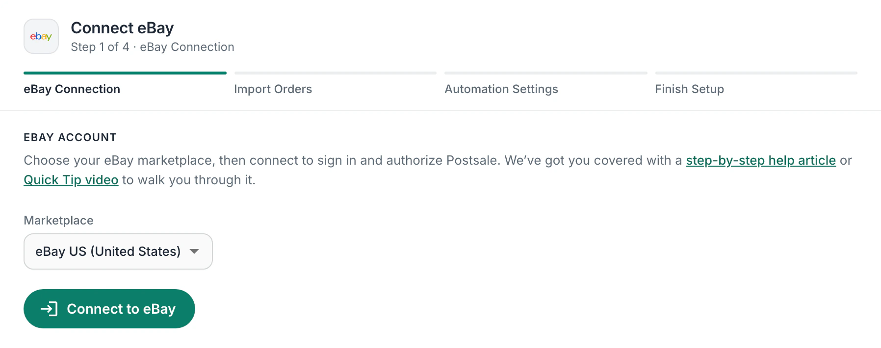 Connect eBay, step 1 of 4: choose your eBay marketplace, eBay US (United States), then Connect to eBay