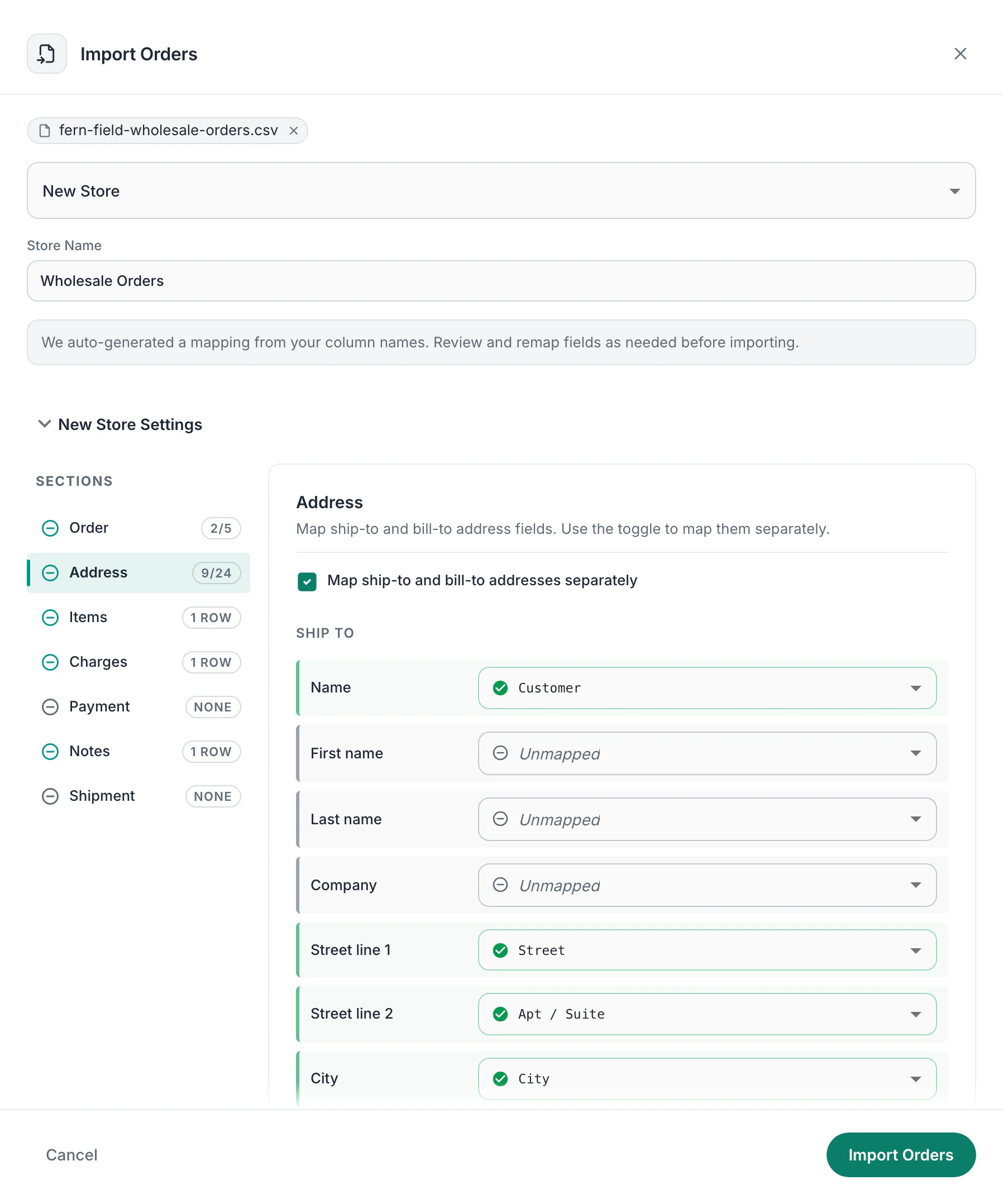 The Import Orders dialog after dropping in a wholesale orders spreadsheet: a new store named Wholesale Orders, the note “We auto-generated a mapping from your column names. Review and remap fields as needed before importing.”, and the Address section with the file’s Customer, Street, Apt / Suite and City columns already matched