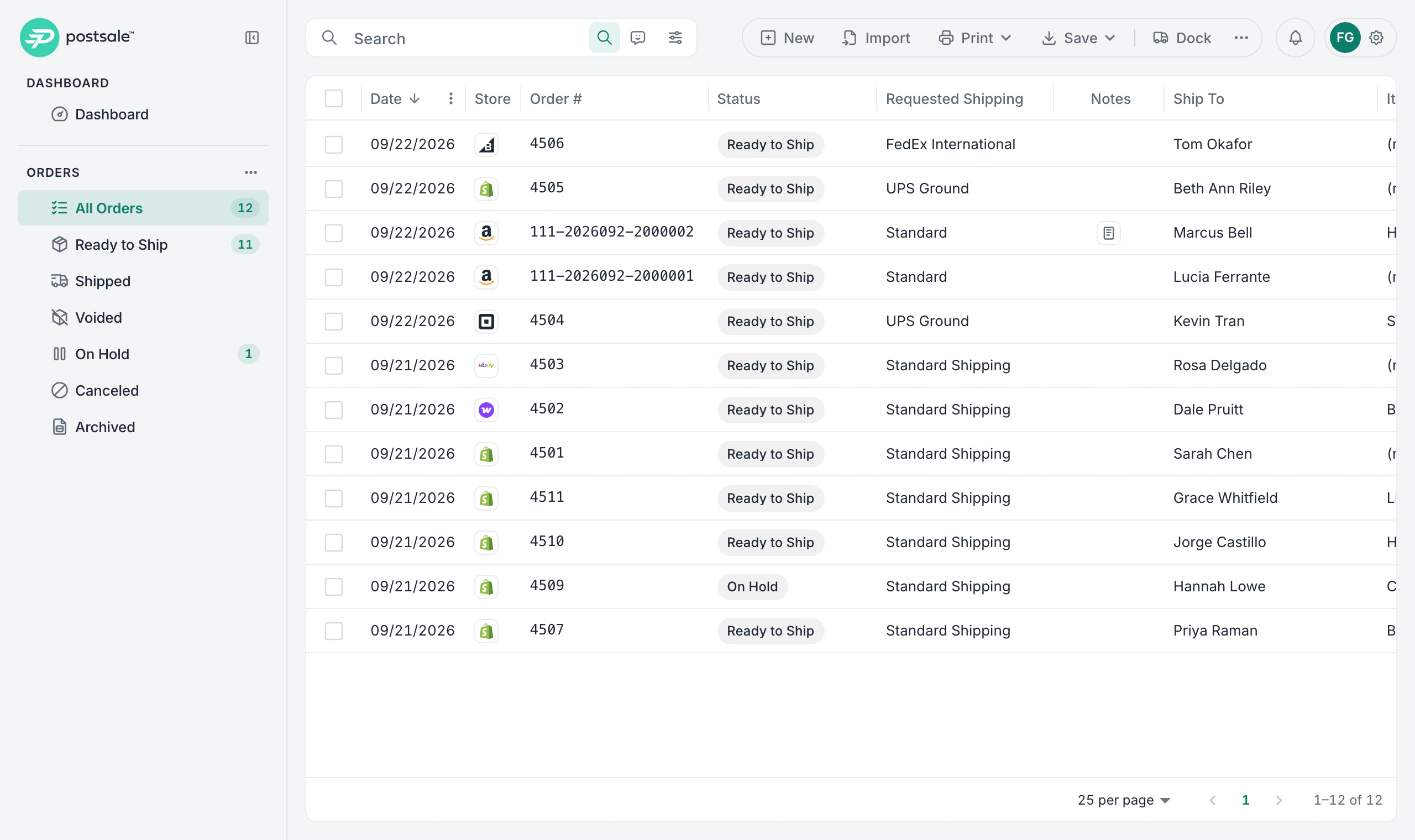 The orders grid, All Orders, newest first: Amazon orders 111-2026092-2000002 and 111-2026092-2000001 in the same list as the Shopify, Square, BigCommerce, eBay and WooCommerce orders, all Ready to Ship
