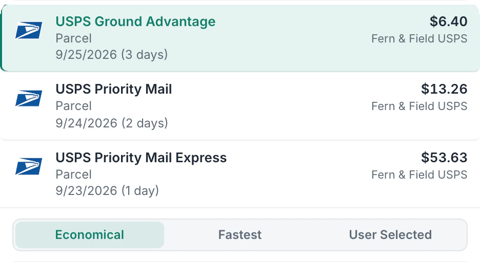The rate list for #4501 rated with USPS only, Economical chosen: USPS Ground Advantage $6.40, Priority Mail $13.26 and Priority Mail Express $53.63
