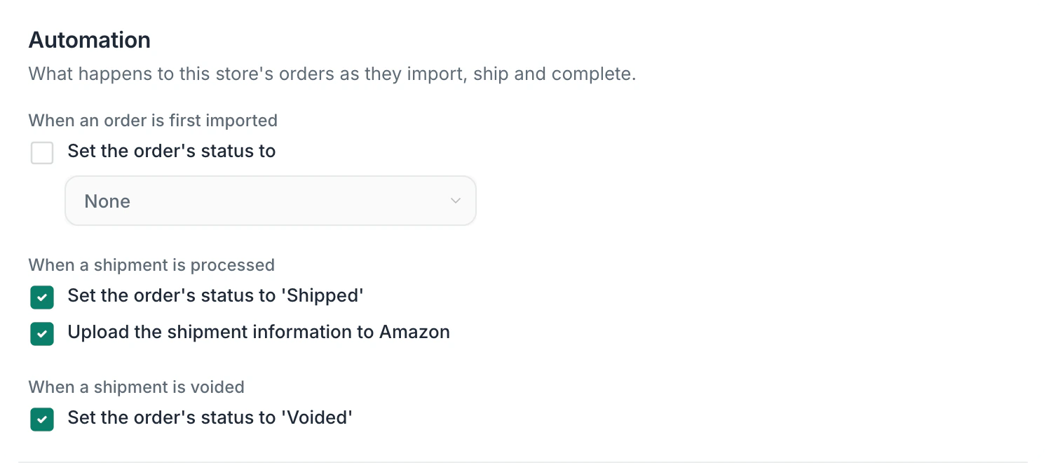 Store settings for Fern & Field on Amazon: when a shipment is processed, set the order to Shipped and upload the shipment information to Amazon