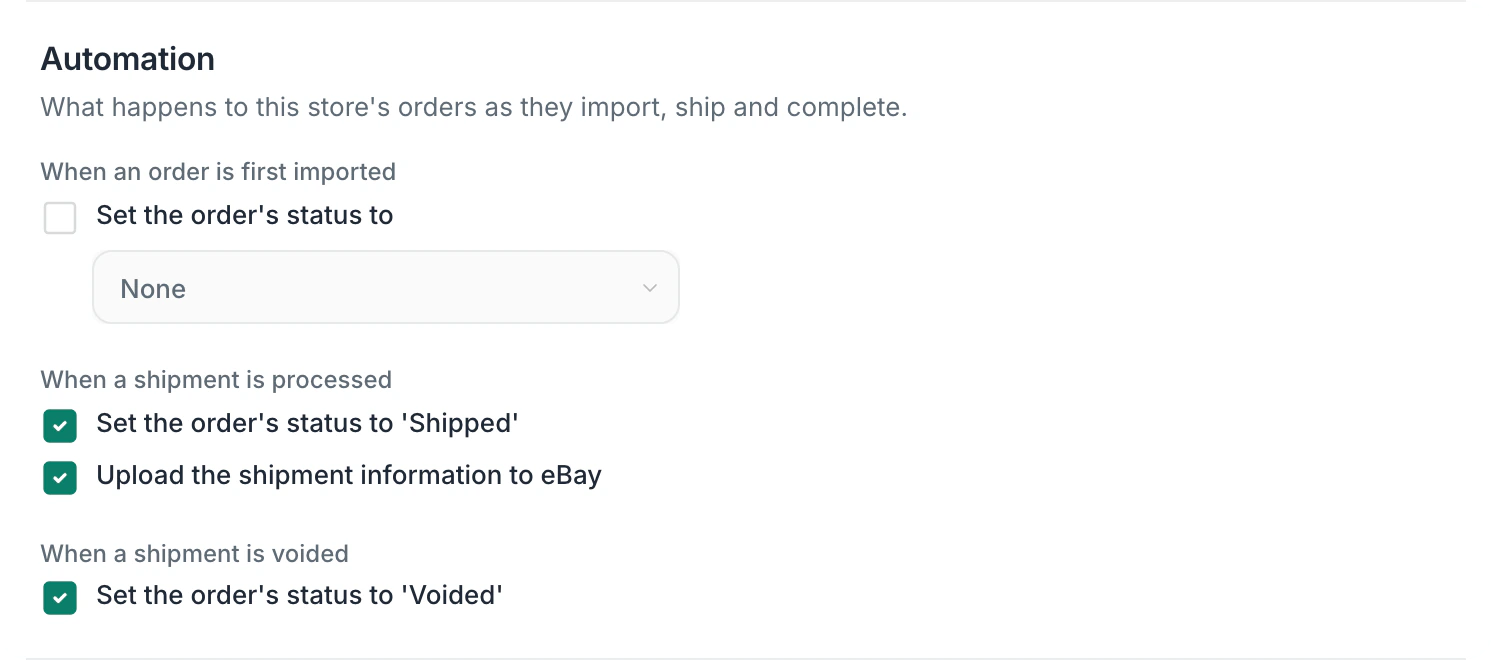 Store settings for Fern & Field on eBay: when a shipment is processed, set the order to Shipped and upload the shipment information to eBay