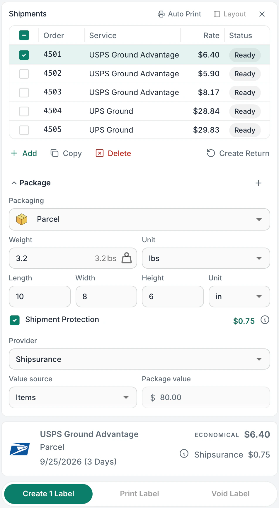 The Dock: the Shipments list with #4501 to #4505, #4501 selected with Shipment Protection on at $0.75 through Shipsurance and a package value of $80.00, and its rate, USPS Ground Advantage $6.40 with Shipsurance $0.75, and Create 1 Label